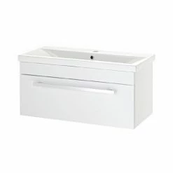 Nuie - 800 X 400mm Wall Mounted Mid Edge Basin & Cabinet - Gloss White - VTWE800